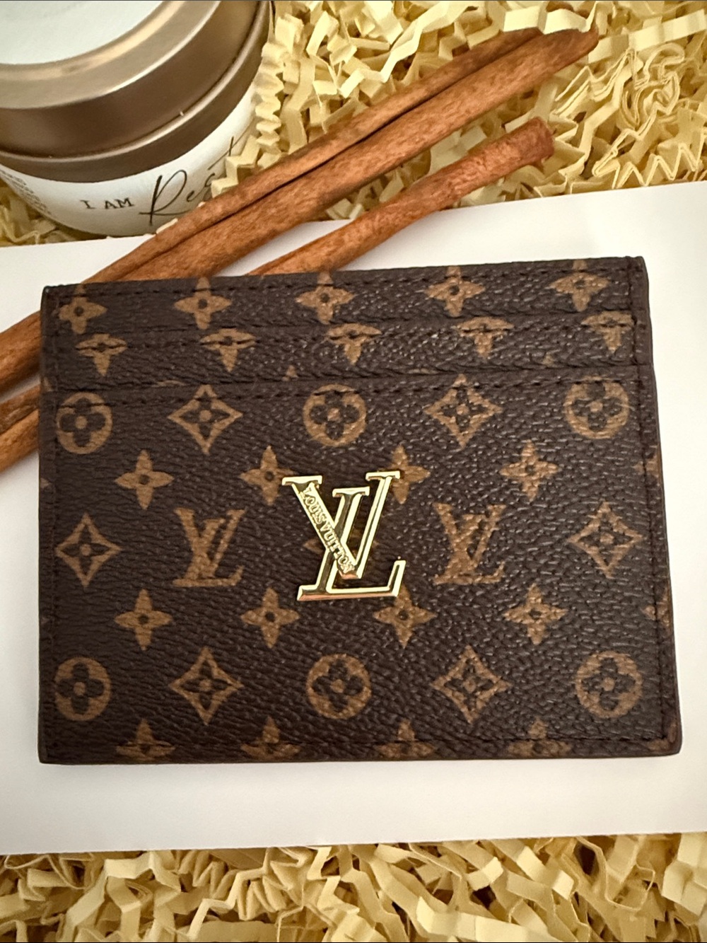 Brown Monogram Canvas Card Holder with Gold Logo